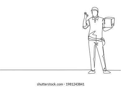El repartidor continuo de un dibujo de una línea se mantiene con gesture OK cargando la caja del paquete que el cliente debe entregar de forma segura. El negocio del éxito. ilustración vectorial de diseño de línea única