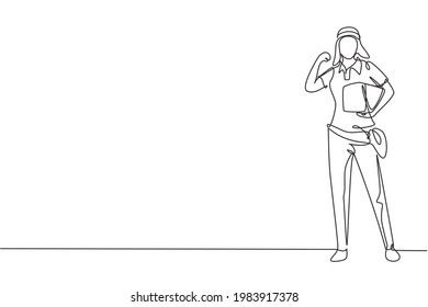 Continuous one line drawing deliverywoman stands with celebrate gesture carrying package box that customer order to be delivered. Professional job. Single line draw design vector graphic illustration