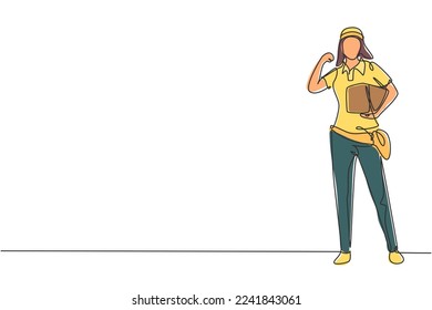 Continuous one line drawing deliverywoman stands with celebrate gesture carrying package box that customer order to be delivered. Professional job. Single line draw design vector graphic illustration