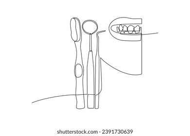 Continuous one line drawing Dental care. Dental concept. Doodle vector illustration.