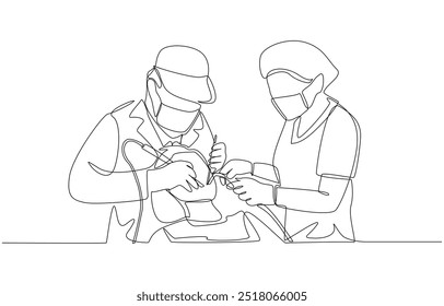 Dessin continu d'une ligne de dentiste et assistant dentaire gratter le tartre pour le patient, concept de services dentaires, art de ligne unique.
