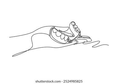 O dentista contínuo de desenho de uma linha segura o modelo da mandíbula dentária em sua mão. Dentes humanos adultos anatômicos. Conceito de educação em anatomia interna médica. Ilustração gráfica vetorial de design de desenho de linha única