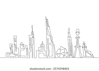 Continuous one line drawing depicting various city buildings and structures in a creative and minimalist cartoon style, vector illustration line art, Editable stroke