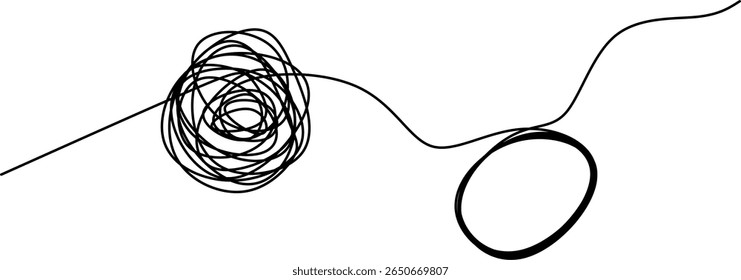 Desenho contínuo de uma linha representando uma transição de um rabisco emaranhado para um círculo simples. Conceito para simplificação ou resolução de problemas. Ilustração vetorial isolada no branco