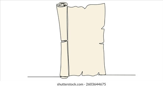 A continuous one line drawing depicts a rolled-up sheet of old paper standing upright. This minimalist illustration symbolizes how history is recorded through language light in form but rich.