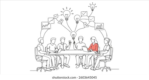 A continuous one line drawing depicts young startup founders engaged in a brainstorming session, generating innovative ideas during a meeting at the office. This minimalist illustration represents