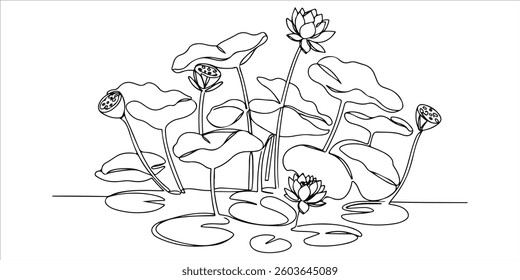 A continuous one line drawing depicts lotus leaves and flowers thriving in a wetland environment. These plants serve as a natural filter, helping to reduce sediment and runoff. This minimalist