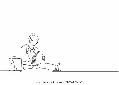 Continuous one line drawing depressed businesswoman with briefcase sitting in despair on the floor. Entrepreneur sad gesture expression. Professional burnout syndrome. Single line draw design vector
