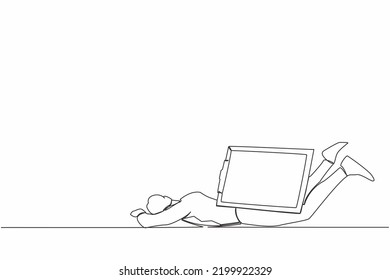Continuous one line drawing depressed businessman under heavy clipboard burden. Busy work with checklist document, overworked from overload tasks. Single line draw design vector graphic illustration