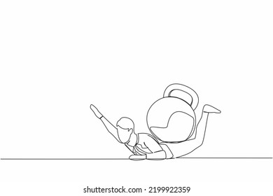 Continuous One Line Drawing Depressed Businessman Under Heavy Kettlebell Burden. Financial Crisis And Credit Payment. Business, Mental Stress, Bankruptcy, Debt. Single Line Design Vector Illustration