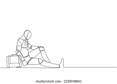 Robot continuo de una línea deprimido con maletín sentado desesperado en el suelo. Triste expresión de gesto. Organismo cibernetico humanoide. Robótica futura. Ilustración vectorial de diseño de una sola línea