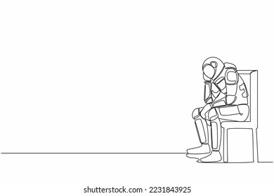 Continuous one line drawing depressed astronaut sitting on chair thinking about paying bills spaceship company during crisis. Cosmonaut outer space. Single line draw graphic design vector illustration