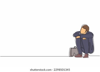 Continuous one line drawing depressed businessman suffer emotion sadness melancholy stress with briefcase sitting in despair on the floor. Worker sad gesture expression. Single line draw design vector
