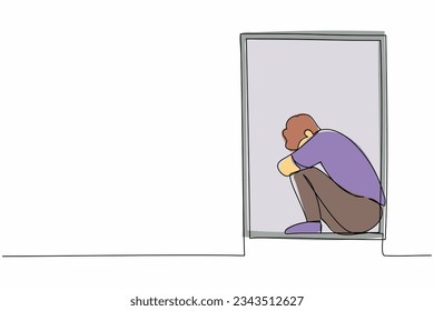 Continuous one line drawing depressed upset desperate man sit on windowsill. Depression, stress, melancholy, despair, frustration, life problems. Single line draw design vector graphic illustration