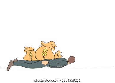 Continuous one line drawing of depressed businessman under heavy money bag burden. Finance crisis money fall down. Economic crash due to pandemic. Single line draw design vector graphic illustration