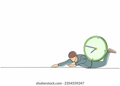 Continuous one line drawing depressed businessman under heavy wall clock burden. Stressed complete work within deadline and timeline. Work under pressure. Single line draw design vector illustration