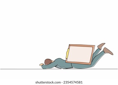 Continuous one line drawing depressed businessman under heavy clipboard burden. Busy work with checklist document, overworked from overload tasks. Single line draw design vector graphic illustration
