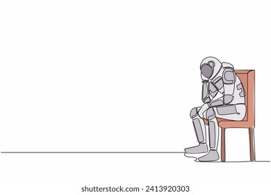 Continuous one line drawing depressed astronaut sitting on chair thinking about paying bills spaceship company during crisis. Cosmonaut outer space. Single line draw graphic design vector illustration