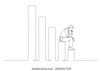 Continuous one line drawing of depressed businessman sitting on downtrend bar graph, economic recession, investment failure concept, single line art.