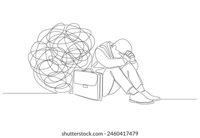 Continuous one line drawing of depressed businessman sitting on the floor beside messy line, burden of stress from complex problems at work concept, single line art.