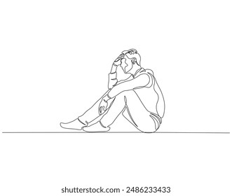 Continuous one line drawing of depressed man. Single line drawing illustration of depressed man sitting. Depression, stressed, and despair concept line art. Editable outline.