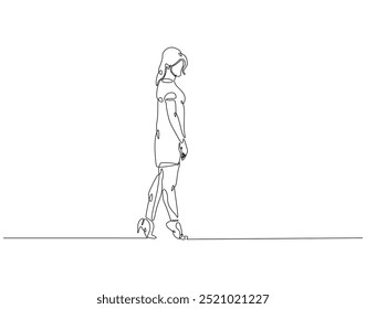 Continuous one line drawing of depressed woman walking. One line drawing illustration of national mental health day. Anxiety, frustration, depression concept line art. Editable outline