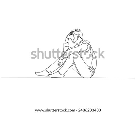 Continuous one line drawing of depressed man. Single line drawing illustration of depressed man sitting. Depression, stressed, and despair concept line art. Editable outline.