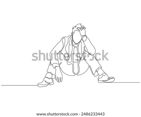 Continuous one line drawing of depressed man. Single line drawing illustration of depressed man sitting. Depression, stressed, and despair concept line art. Editable outline.
