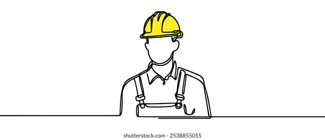 Continuous one line drawing design vector illustration of engineers man in hard hat, worker with protective headphones on white background