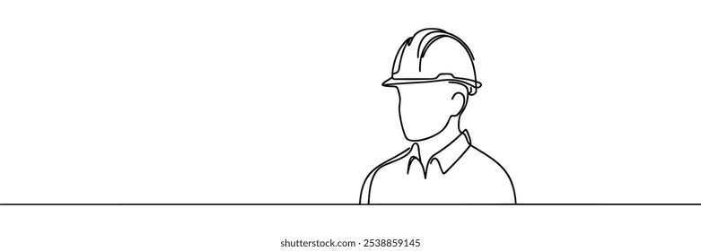 Continuous one line drawing design vector illustration of engineers man in hard hat, worker with protective headphones on white background