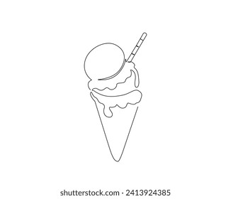 Continuous one line drawing of dessert ice cream. Ice cream gelato outline vector illustration. Editable stroke.