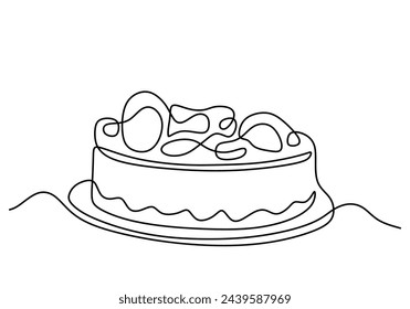 Continuous one line drawing Dessert concept with decorated cake