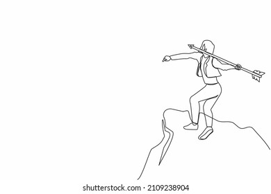 Continuous one line drawing determined strong businesswoman throwing rising up arrow to achieve goal. Business growth, success, improvement concept. Single line draw design vector graphic illustration