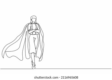 Continuous one line drawing determined young businesswoman office worker super hero in cloak  The concept leadership   strength in business  Single line draw design vector graphic illustration