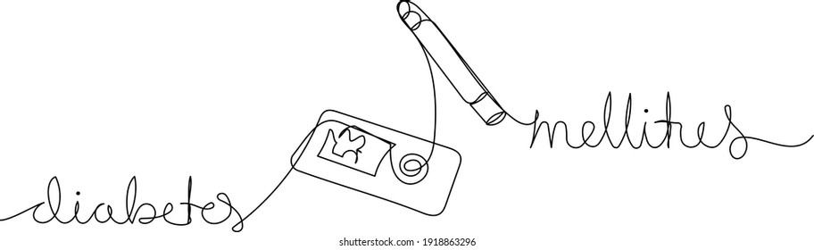 Dibujo continuo de una línea de equipos para la diabetes y texto DIABETES MELLITUS. Concepto de salud. Arte minimalista.