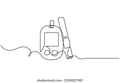 Dibujo continuo de una línea de los equipos para la diabetes. Concepto de atención médica. Arte minimalista. Dibujo continuo de una línea de diabetes que mide el azúcar en la sangre antes de las comidas. Concepto de salud diabética