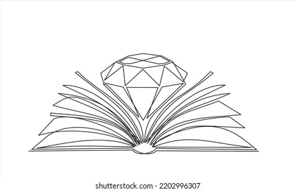 durchgängige 1-zeilige Zeichnung von Diamanten, brillanten und offenen Büchern. Diamantenbuch. Kann für Logo, Emblem, Diashow und Banner verwendet werden.