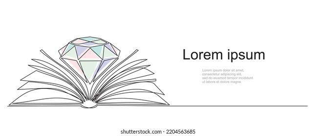 continuous one line drawing of diamond, brilliant and open book. Diamond Book. Can used for logo, emblem, slide show and banner.Illustration with quote template. 