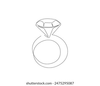 Continuous one line drawing of diamond ring. Diamond Wedding Ring in single line vector illustration. Editable stroke.