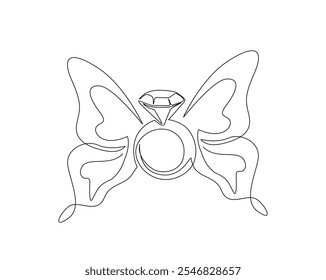 Continuous one line drawing of diamond ring with butterfly wings. Diamond ring in single line vector illustration. Editable stroke.