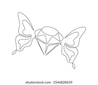 Continuous one line drawing of diamond with butterfly wings. Diamond gemstone in single line vector illustration. Editable stroke.