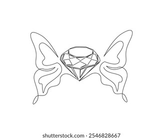 Continuous one line drawing of diamond with butterfly wings. Diamond gemstone in single line vector illustration. Editable stroke.