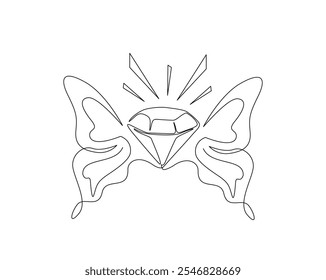 Continuous one line drawing of diamond with butterfly wings. Diamond gemstone in single line vector illustration. Editable stroke.