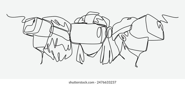 Continuous one line drawing of different people using virtual reality headset. Vector illustration.