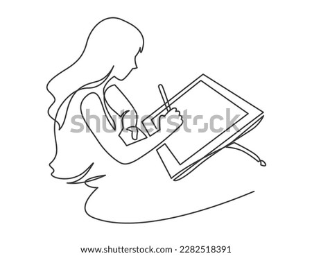 Continuous one line drawing of digital artist, illustrator drawing on tablet PC. Graphic designer with stylus at work at desk. Person creating abstract design on screen. Outline vector illustration.