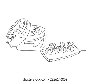 Continuous one line drawing of dim sum or shumay. Dimsum simple line art vector design.