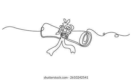 continuous one line drawing of a diploma with ribbon and floral decorations.