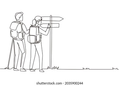 Continuous one line drawing direction pointer, hikers couple, man and woman with backpacks vector. Hiking, traveling, trekking, walking trip, searching way. Single line draw design vector illustration