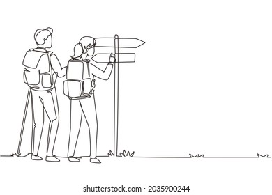 Continuous One Line Drawing Direction Pointer, Hikers Couple, Man And Woman With Backpacks Vector. Hiking, Traveling, Trekking, Walking Trip, Searching Way. Single Line Draw Design Vector Illustration