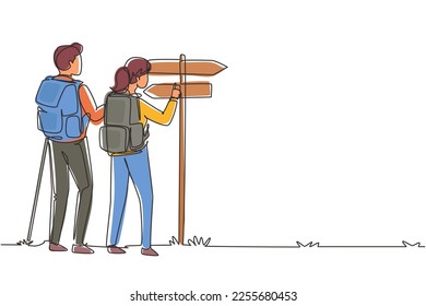 Puntero continuo de una línea de dibujo, pareja de excursionistas, hombre y mujer con vectores de mochilas. Senderismo, viaje, trekking, excursión, búsqueda. Ilustración vectorial de diseño de líneas simples